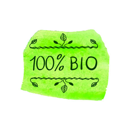 100 BIO, Hand Drawn VECTOR Illustration, Handwritten Letters on Green Watercolor Spot.のイラスト素材