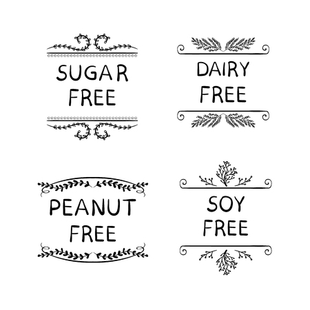 Hand Sketched VECTOR Icons for Packaging of Healthy Eating Products: Sugar, Peanut, Dairy, Soy FREE Production.のイラスト素材