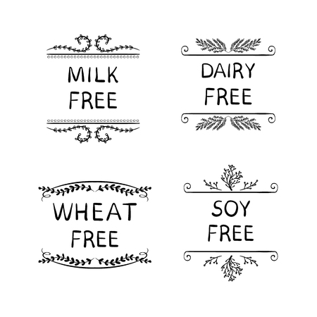 Hand Sketched VECTOR Icons for Packaging of Healthy Eating Products: Milk, Wheat, Dairy, Soy FREE Production.のイラスト素材