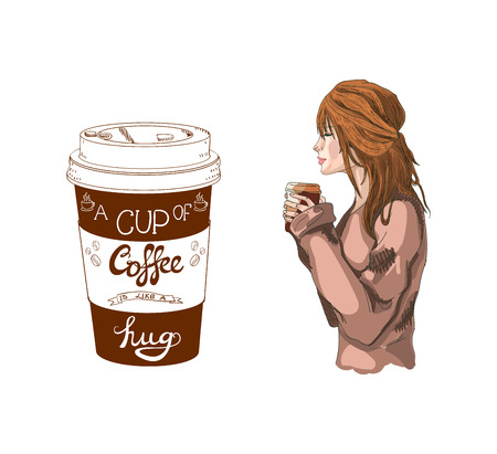 VECTOR Hand Drawn Illustrations, Coffee to Go Cup and Girl Holds Coffee, Colorful Sketch.のイラスト素材