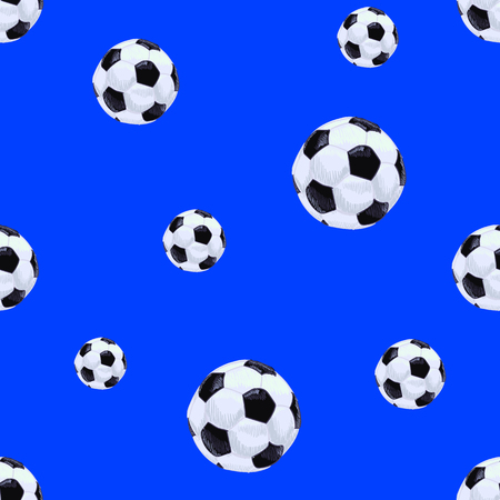Football Balls Seamless Pattern Template, Endless VECTOR Background Template, Blue Backdrop, Drawn Balls.のイラスト素材