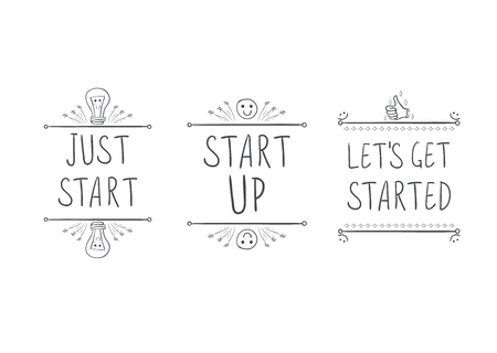 Start Up VECTOR Motivational Icons, Hand Drawn Lettering Isolated,のイラスト素材
