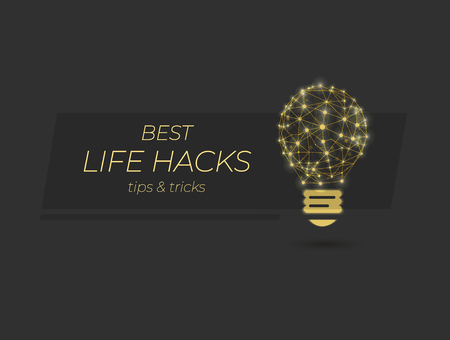 Best Life Hacks, Trips Tricks, VECTOR Banner Design, Shining Lightbulb and Text, Glowing Background.のイラスト素材