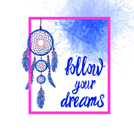 Follow Your Dreams VECTOR Motivational Poster with Dream Catcher and Paint Splash Background, Inspirational Image.のイラスト素材