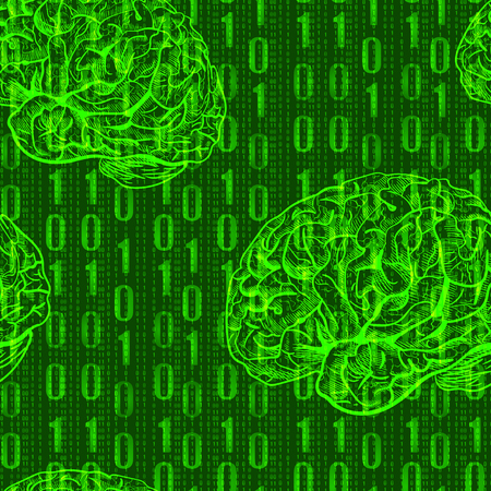 VECTOR Seamless Pattern: Green Technology Background, Binary Code and Brain, Shiny Backdrop.のイラスト素材