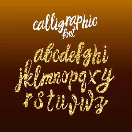 Calligraphic Golden Handwriting Font, VECTOR Gold Dust Letters Template, Shining Texture Letters.のイラスト素材