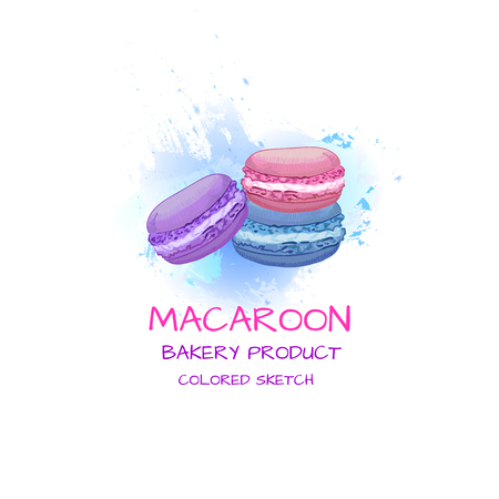Colored Sketch on Abstract Watercolor Splash, Sweet Bakery Dessert, French Cuisine.のイラスト素材