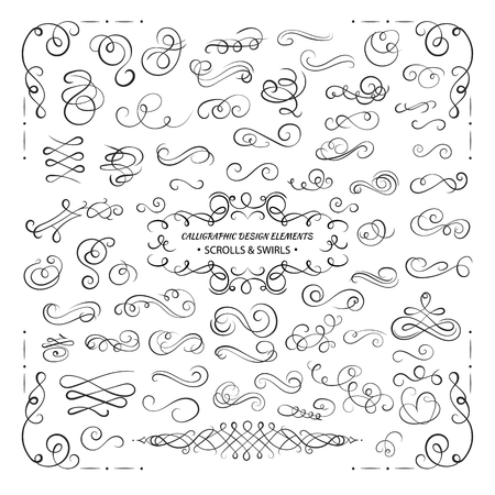 VECTOR collection of design elements, calligraphic swirls and scrolls for certificate decoration, greeting cards, wedding invitations. Black line isolated on white background.のイラスト素材