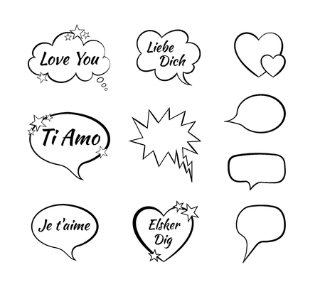 Vector Collection Of Speech Bubbles, Comic Design Elements, I Love You on different languages.のイラスト素材