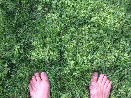 Bare feet on the grass fieldの素材