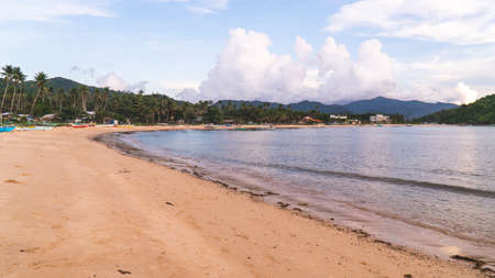 Nacpan Beach Palawan, Philippines. Sandy beach lined with palm trees bay shore ocean water.