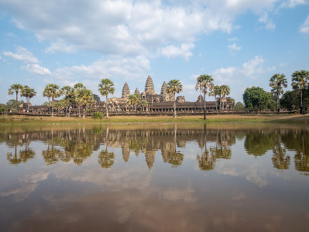 Siem Reap, Cambodia - 12/30/2019 : Angkor Wat Temple from pond view wide angle, ancient buddhist templeのeditorial素材