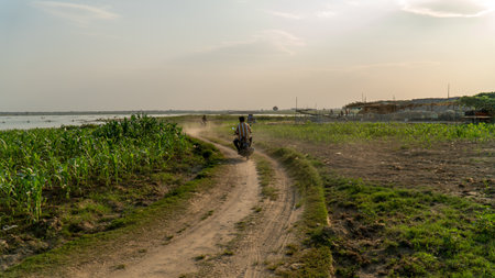 Mandalay, Myanmar - 3/8/2020 : Asian man rides motorbike on dirt road in crop field near U Bein Bridgeのeditorial素材