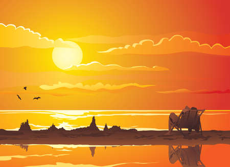 Beautiful tropical beach sunset with silhouettes of sand castles and relaxing man. のイラスト素材