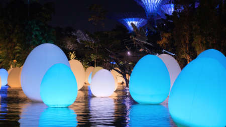 Singapore - January 15, 2020: Installation of luminous inflatable eggs in the famous touristic spot Gardens by the Bay. It is a nature park spanning 101 hectares in the Central Region of Singaporeのeditorial素材