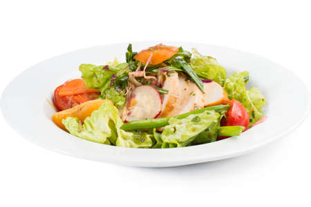 Salad with grilled chicken, Mandarin orange, tomato, radish, cabbage, carrots and greensの写真素材