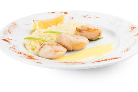 Chicken fillet with rice, and lemon sauceの写真素材