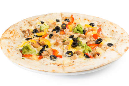 Pizza with chicken and peppers, broccoli and olivesの写真素材