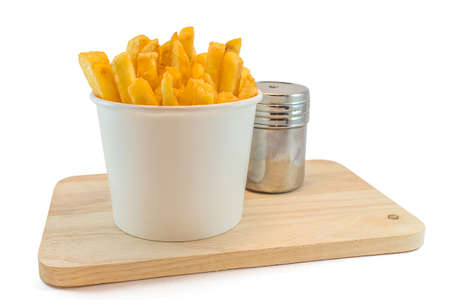 French fries and pepper in white box with ketchup on white backgroundの写真素材