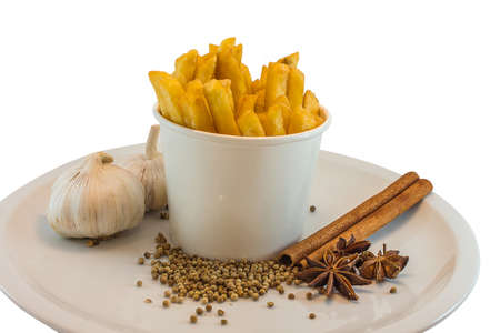 French fries and heab in white box on white backgroundの写真素材