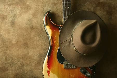 1970's strat and a cowboy hat, isolatedの写真素材