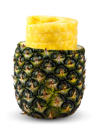 Fresh Juicy Pineapple Peeled and sliced. Rich with Vitamins. Isolated on white backgroundの写真素材