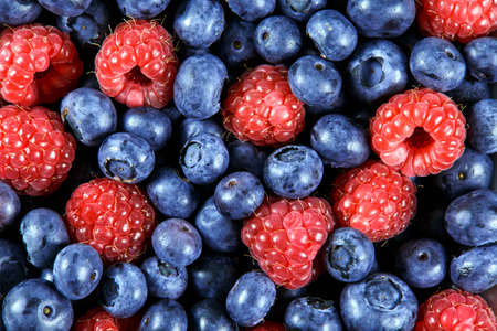 Clouse up Fresh Organic  Blueberries and Raspberries. Rich with vitamins Background, texture.の写真素材