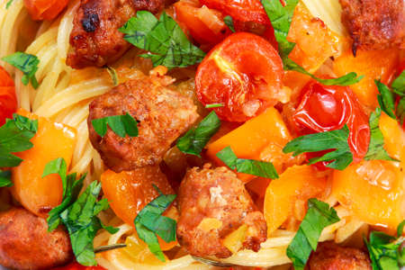 Sausage Pasta spaghetti with summer vegetables. backgroundの写真素材