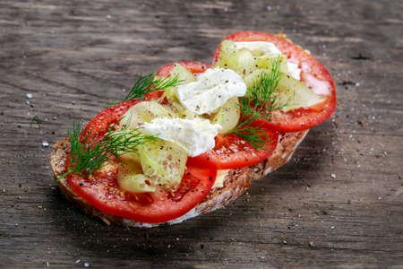 Vegetarian toast, sandwich with vegetables and mozzarellaの写真素材