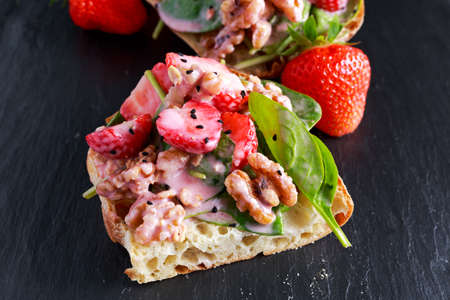 Summer Fruit Vegan Spinach Strawberry nuts Sandwich. concepts health food.