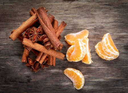 Cinnamon sticks and anice on wooden table. selected focus.の写真素材