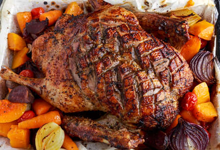 Close up Duck roast with baked vegetables.の写真素材