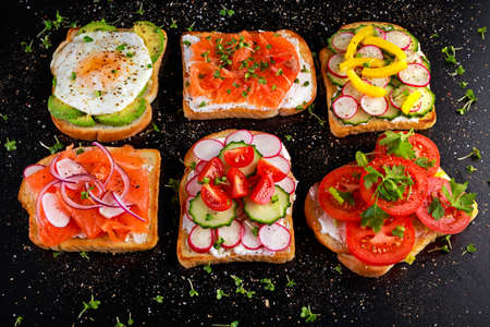 Variety of vegetarian toast sandwiches with salmon, raddish, tomatoes, cucumber, avocado,fried egg and sweet pepper.の写真素材