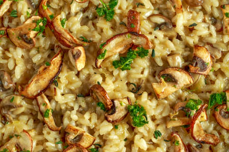 Mushroom Risotto in iron pan with herbs and parmesan cheeseの写真素材