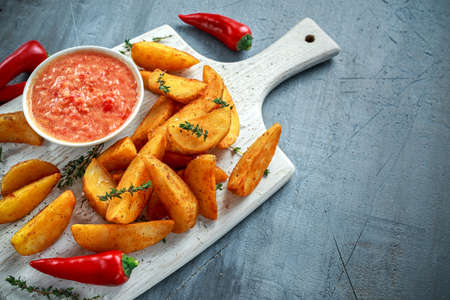 Fried potato wedges with hot salsa sauce, chili, herbs on white boardの写真素材