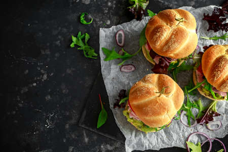 Fresh home sandwich with avocado guacamole, tomatoes, arugula, red onion and ham.の写真素材