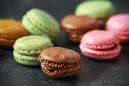 Sweet colorful macarons dessert, almond cake, cookies. selected focus.の写真素材