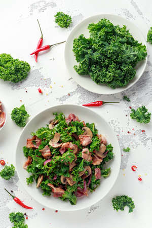 Homemade Kale Mushrooms, Bacon salad with chilli and balsamic vinegar dressingの写真素材