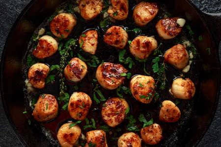 Scallops seared in garlic and parsley butter served in cast iron skilletの写真素材