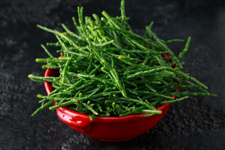 Fresh samphire in a red bowl on black backgroundの写真素材