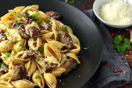 Carbonara mushrooms pasta Conchiglie with creamy sauce, parmesan cheese and herbsの写真素材