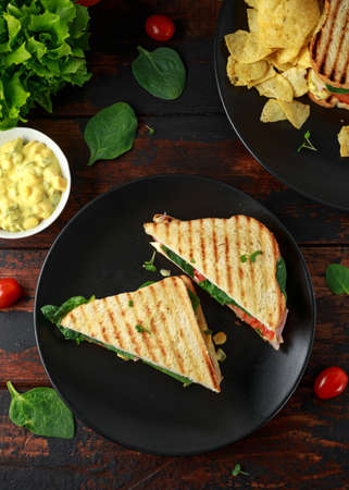 Sandwich with ham, cheese, tomatoes, spinach, corn, mayonnaise, mustard, gherkins, toasted bread and potato chips.の写真素材