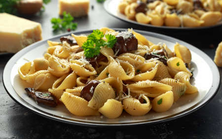 Conchiglie pasta with mushrooms, creamy sauce, parmesan cheese and herbsの写真素材