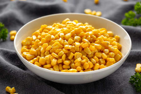Sweet Corn in white bowl. Healthy food