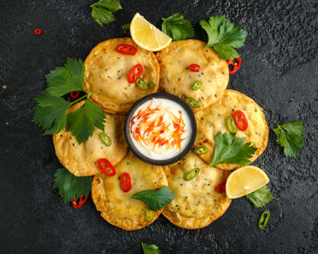 Traditional Indian snack food, chicken and vegetable staffing kachori