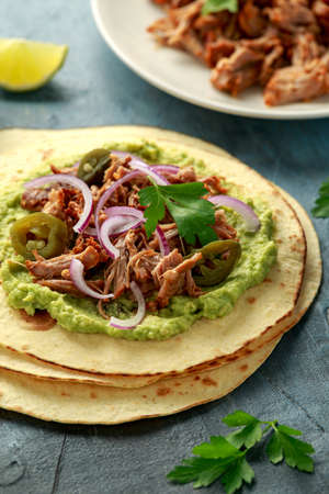 Mexican Corn tortilla with shredded Pork, avocado, red onion and jalapeno.