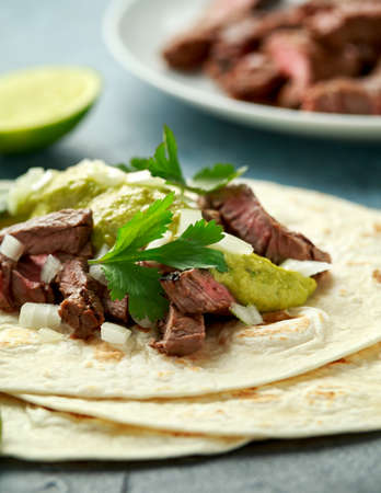 Carne Asada Tacos with grilled steak, green sauce and onion. Mexican foodの写真素材