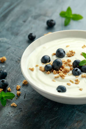 Greek yogurt with granola and blueberries in white bowl. Healthy breakfast food or snackの写真素材