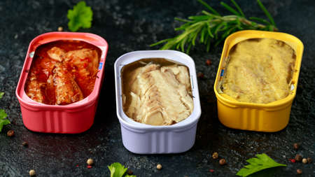 Canned fish with different assortment types of seafood on rustic stone background.の写真素材