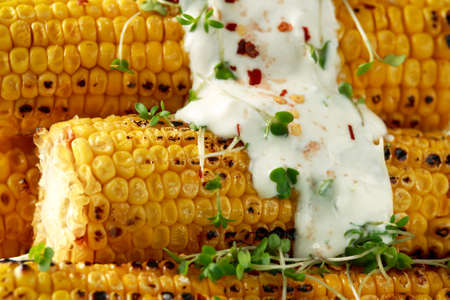 Grilled Corn on cob served with yoghurt dip, chili flakes and cress salad